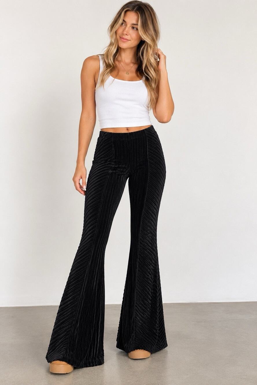Free People Penny Velvet Flare Pants XS Black Chevron Ribbed Pull On Boho